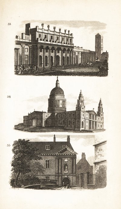 El Banco de Inglaterra, la Catedral de San Pablo y la Escuela Blue-Coat o el Hospital de Cristo de Isaac Taylor