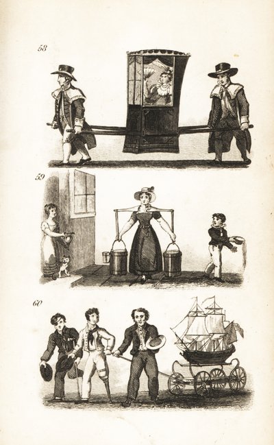 La silla de manos, la lechera y los marineros y el barco de Isaac Taylor