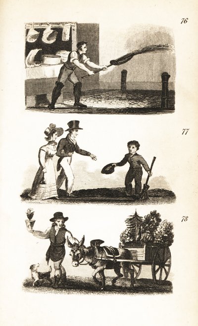 Regando las calles, niño pequeño en el cruce y el hombre de la maceta de Isaac Taylor