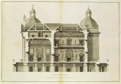 Houghton Hall: sección transversal del Hall y el Salón, grabado por Pierre Fourdrinier, 1735 de Isaac Ware