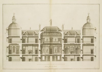 Houghton Hall: sección del Frente Este, grabado por Pierre Fourdrinier, 1735 de Isaac Ware