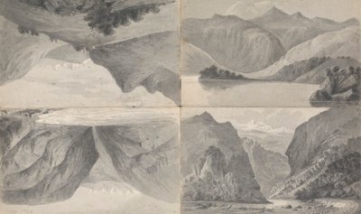 1) (ll) Lago de Davos, 2) (lr) Entrada del puerto de Segnes, 3) (ur) Wiesen de Isaac Weld