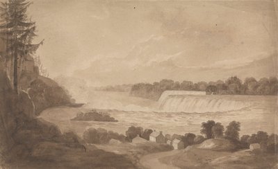 Vista de las cataratas del Niágara con las cataratas al fondo, a la derecha, y paisaje con casas en primer plano de Isaac Weld