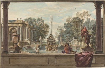 Un jardín italianizado con un loro, un caniche y un hombre de Isaac de Moucheron