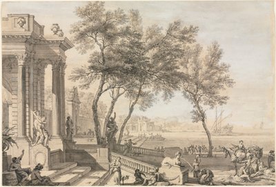 Escena de puerto fantástico con arquitectura y figuras, 1713 de Isaac de Moucheron