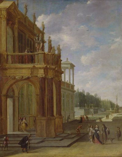 Personas en la terraza de un palacio de Isaac van Nickele