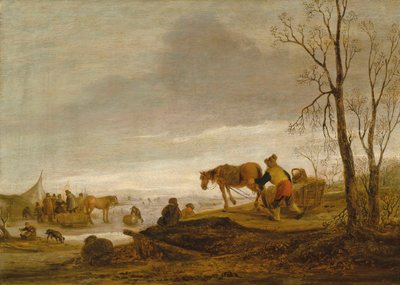 Un paisaje invernal con figuras en un río helado de Isaac van Ostade