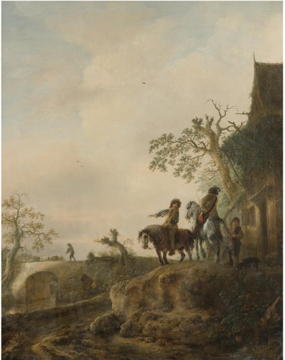 Paisaje con jinetes que se detienen en una posada de Isaac van Ostade