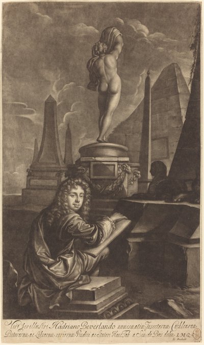Adrian Beverland dibujando de una estatua de Isaak Beckett after Simon du Bois