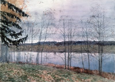 Otoño (Otoño). Descripción de las orillas de un curso de agua, con árboles desnudos. Obra de Isaac (Isaac) Ilyich Levitan (1860-1900), acuarela sobre papel de Isaak Ilyich Levitan