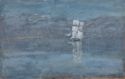 Paisaje con un barco de vela, finales de 1890s de Isaak Ilyich Levitan