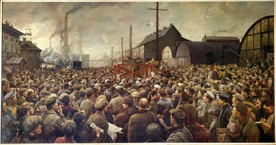 Revolución Rusa de 1917: Lenin hablando a los trabajadores de la fábrica Putilov en Petrogrado de Isaak Israilevich Brodsky