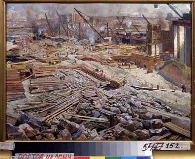 Vista general de la Estación Hidroeléctrica Dnieper. Pintura de Isaak Izrailevich Brodsky (Brodsky) (1884-1939). Óleo sobre tela de Isaak Israilevich Brodsky