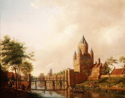 Vista de la Kleine Houtpoort (Pequeña Puerta) en Haarlem con la Grote Houtpoort (Gran Puerta) en el fondo de Isaac Ouwater