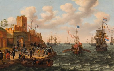 Un trío holandés y una galera papal con otros barcos a lo largo de la costa de una ciudad fortificada, c.1662 (óleo sobre tabla) de Isaak Willaerts