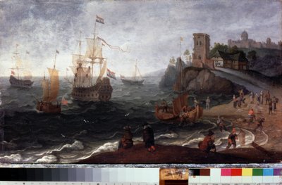 Mercado de pescado a la orilla del mar. Pintura de Isaak Willaerts (1620-1693). Óleo sobre madera, 35,5 x 67 cm, ca. 1640. Arte holandés del siglo XVII. Museo Estatal de Historia y Arte, Serpukhov (Rusia). de Isaak Willaerts