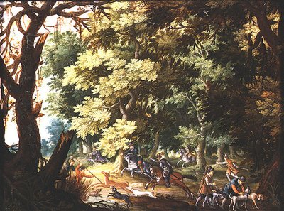 Paisaje boscoso con cazadores y perros de Isaak van Oosten