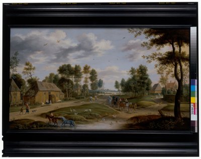Paisaje de Dorf con un carruaje de Isaak van Oosten