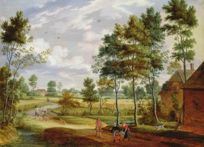 Figuras fuera de una cabaña en un paisaje campestre de Isaak van Oosten