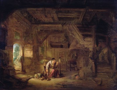Interior de un granero con una anciana con una rueca (óleo sobre tabla) de Isack van Ostade
