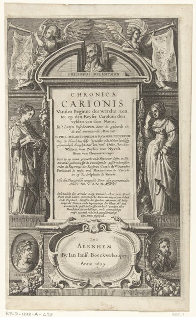 Portada de Chronica Carionis de P. Melanchthon Chronica Carionis desde el comienzo del mundo aen tot den Keyser Carolum (título sobre el objeto) de Isaeck van Aelst