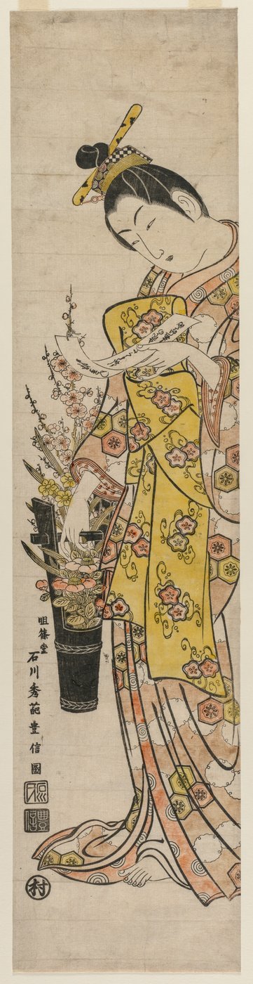 Courtesan Reading a Poem Slip Tied to Flowers in a Vase de Ishikawa Toyonobu