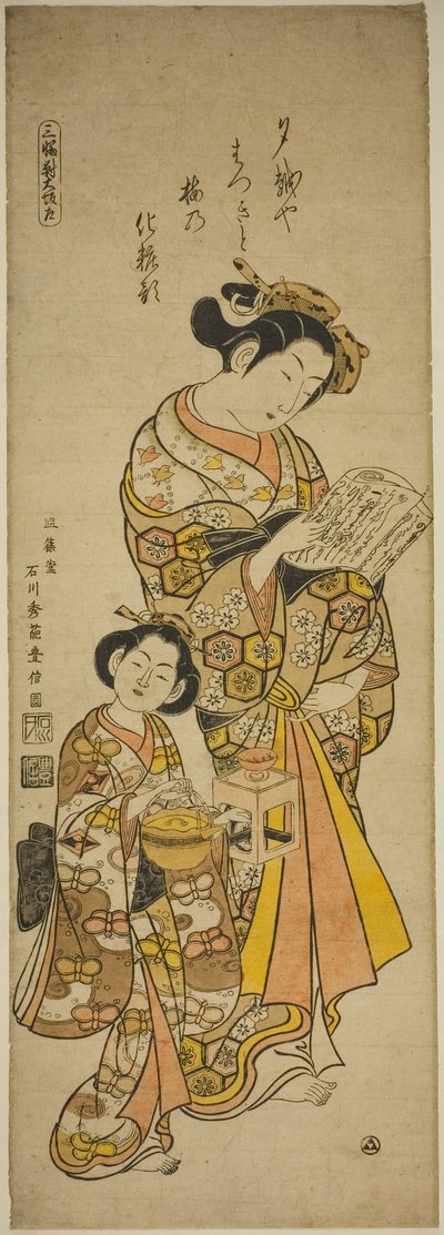 Cortesana de Osaka y su asistente, hoja izquierda de un tríptico de bellezas de las tres capitales (Sanpukutsui Osaka hidari) de Ishikawa Toyonobu