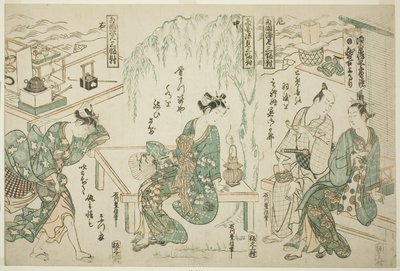 Disfrutando del fresco de la tarde en Ryogoku - Un conjunto de tres (Ryogoku suzumi sanpukutsui) de Ishikawa Toyonobu