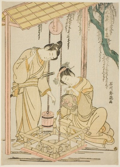 Parodia moderna del episodio del brocal del pozo de "Cuentos de Ise" de Ishikawa Toyonobu