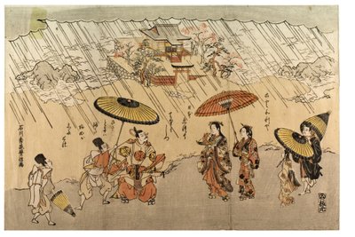 Escena costera bajo la lluvia de Ishikawa Toyonobu