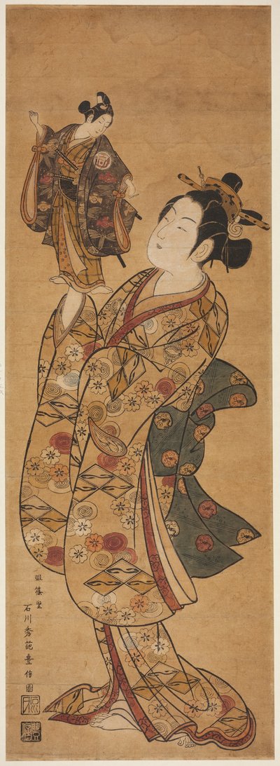 El actor Onoe Kikugoro I sosteniendo una marioneta del actor Sanogawa Ichimatsu I de Ishikawa Toyonobu