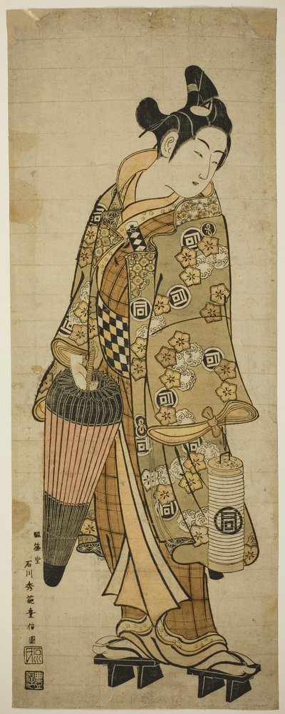 El actor Sanogawa Ichimatsu I como un joven sosteniendo un paraguas y una linterna de Ishikawa Toyonobu