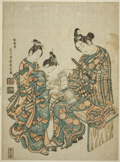 El actor Sanogawa Ichimatsu I mirando una guía de los barrios de placer de Ishikawa Toyonobu