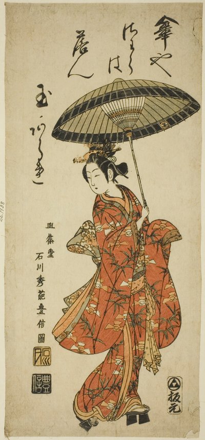 El actor Segawa Kikunojo II sosteniendo un paraguas de Ishikawa Toyonobu