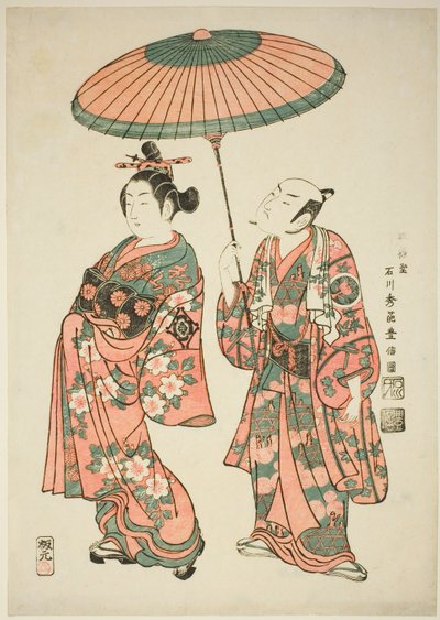 Los actores Nakamura Kiyosaburo I como Matsuyama e Ichimura Kamezo I como Wanya Kyubei en la obra "Yoritomo Gunbai Kagami," representada en el Teatro Ichimura en el undécimo mes, 1749 de Ishikawa Toyonobu