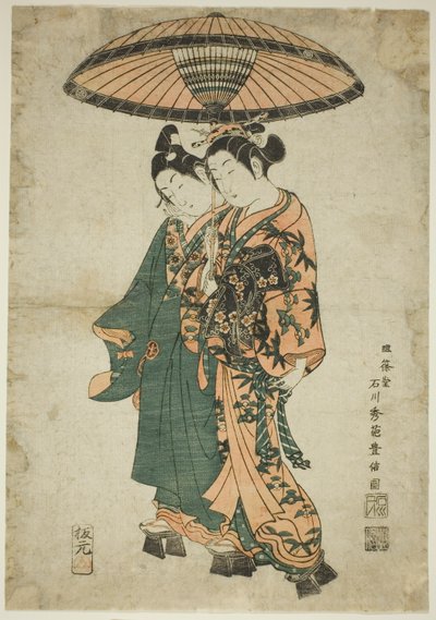 Los actores Sanogawa Ichimatsu I y Segawa Kikunojo I como amantes bajo un paraguas de Ishikawa Toyonobu