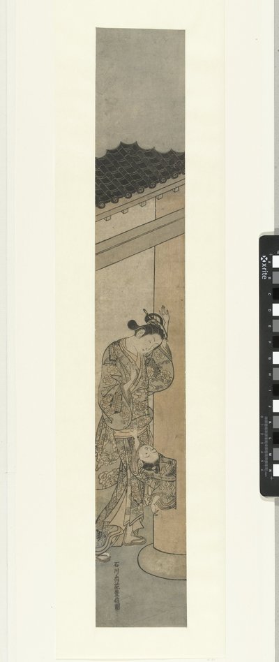 mujer mirar, niño, gatear, afuera, agujero, en, pilar de Ishikawa Toyonobu