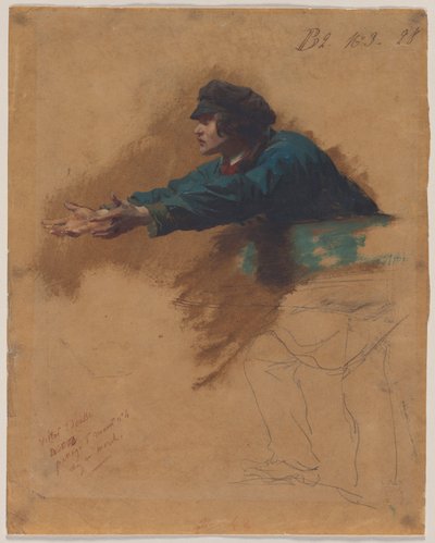 Joven inclinado hacia delante con los brazos extendidos (Estudio para soldados distribuyendo pan a los pobres), c.1851 (óleo, aguada de óleo marrón o aguada de tinta y lápiz negro) de Isidore Pils