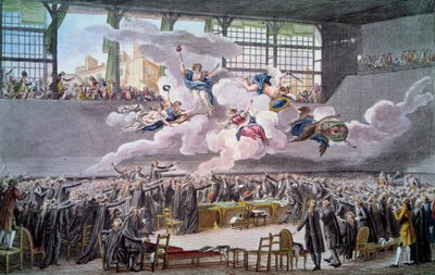 Revolución Francesa: El juramento del Juego de Pelota el 20 de junio de 1789. Los diputados juran no separarse hasta que se corrija una Constitución. Grabado por Isidore Helman (1743-1809) 1789 París, B.N. de Isidore Stanislas Helman