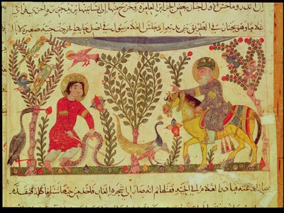 Un Doctor asistiendo a un hombre mordido por una serpiente, manuscrito de un tratado de Dioscórides, siglo XIII de Islamic School