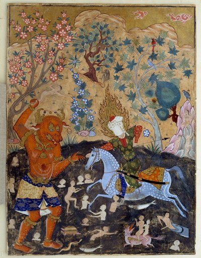 Arte islámico: Página de un falnama: Iman Reza lucha contra un Div de Islamic School