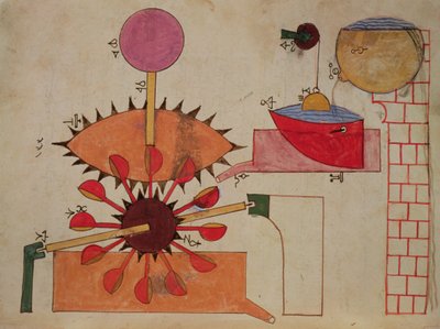 Diagrama de un sistema para bombear agua a una cuenca, del Libro del Conocimiento de Ingeniosos Dispositivos Mecánicos por Al-Djazari, 1206 de Islamic School