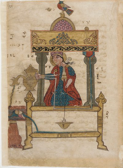 Autómata de lavado de manos con mecanismo de descarga, folio del Libro de Dispositivos Mecánicos Ingeniosos; por Al-Djazari, 1315 de Islamic School
