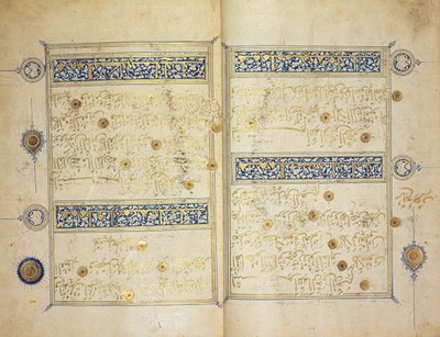 Páginas iluminadas de un manuscrito del Corán, Escuela Il-Khanid Mameluke de Islamic School