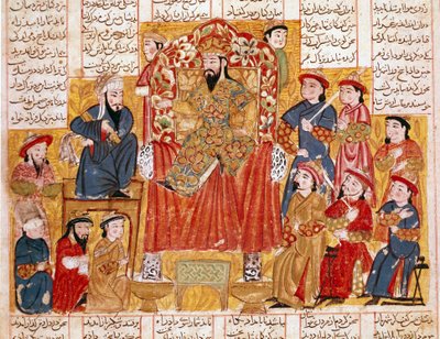 Arte islámico: Un sultán y su corte. Miniatura persa de un manuscrito del poema épico Shahnameh (Libro de los Reyes) de Ferdowsi. Alrededor de 1330. Museo Topkapi, Estambul de Islamic School