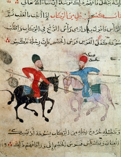 Arte islámico: dibujo en pergamino del período fatimí (siglo X-XI) - Escena de duelo entre dos jinetes de Islamic School