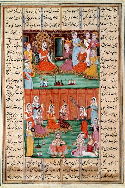 Arte islámico: Matrimonio de las tres hijas de Sero, rey de Yemen. Miniatura persa de un manuscrito del poema épico Shahnameh (Libro de los Reyes) de Ferdowsi (ca. 940-1020) de Islamic School