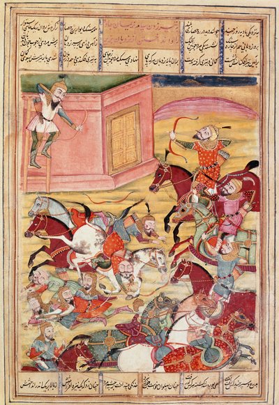 Arte islámico: “Sam lanza una flecha para defender un castillo encantado”. Miniatura persa de un manuscrito del poema épico “Shahnameh” (Libro de los Reyes) de Ferdowsi (ca. 940-1020) de Islamic School