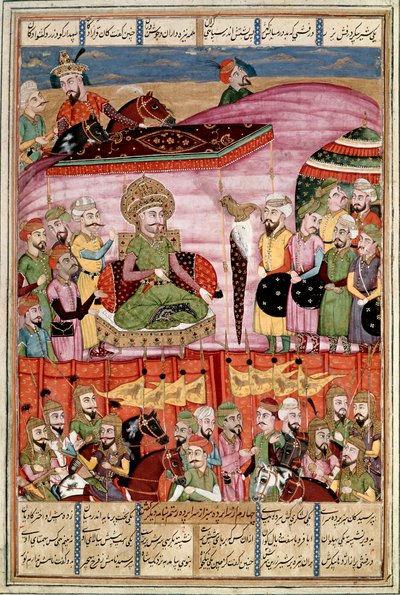 Arte islámico: “Sohrab (Saharab) se encuentra en la tienda de Roustam” Miniatura persa de un manuscrito del poema épico “Shahnameh” (Shah Nama, Shahnama) (Libro de los Reyes) de Ferdowsi (Firdawsi, o Ferdawsi, o Firdousi, ca. 940-1020) (ms. 607) de Islamic School