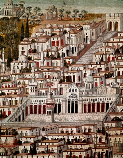 Arte islámico: Vista de Damasco con la Gran Mezquita de los Omeyas de Damasco (705-715). Pintura anónima siria del siglo XVII. Siria, Damasco, Palacio Azem de Islamic School